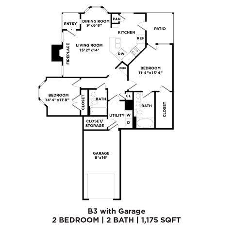 A floor plan of a B3 with Garage that has 2 bedrooms and 2 bathrooms.